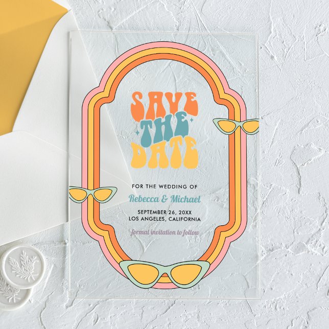 70s Retro Colourful Groovy Wedding Save the Date Acrylic Invitations (Creator Uploaded)