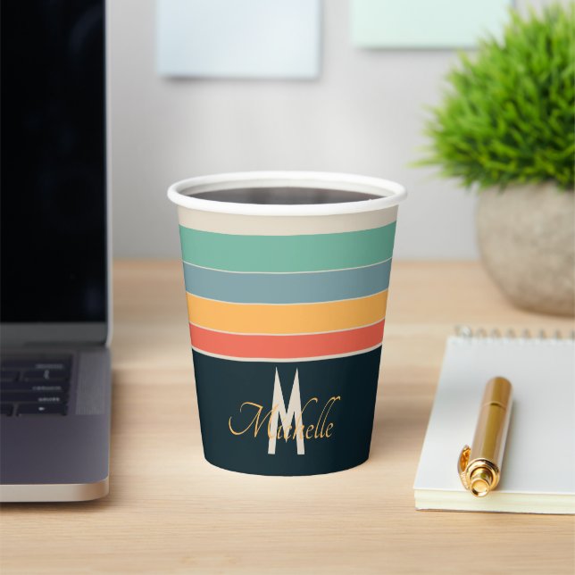 70s retro colourful Stripe initial names & monogra Paper Cups (Insitu)