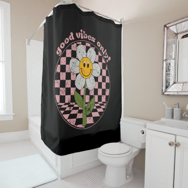 70's Retro Daisy | Good Vibes Only Shower Curtain (In Situ)