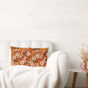 70s Retro Floral Brown Orange Boho Decor Lumbar Cushion