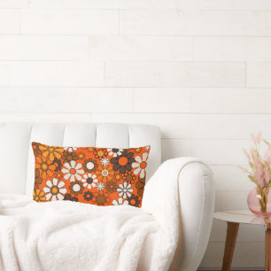 70s Retro Floral Brown Orange Boho Decor Lumbar Cushion