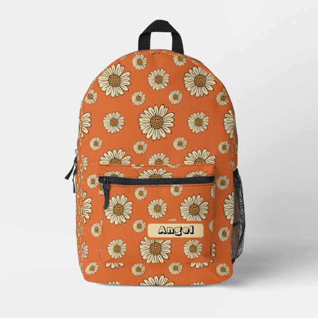 70s Retro Floral Oranga Pattern Custom Text Name Printed Backpack (Front)