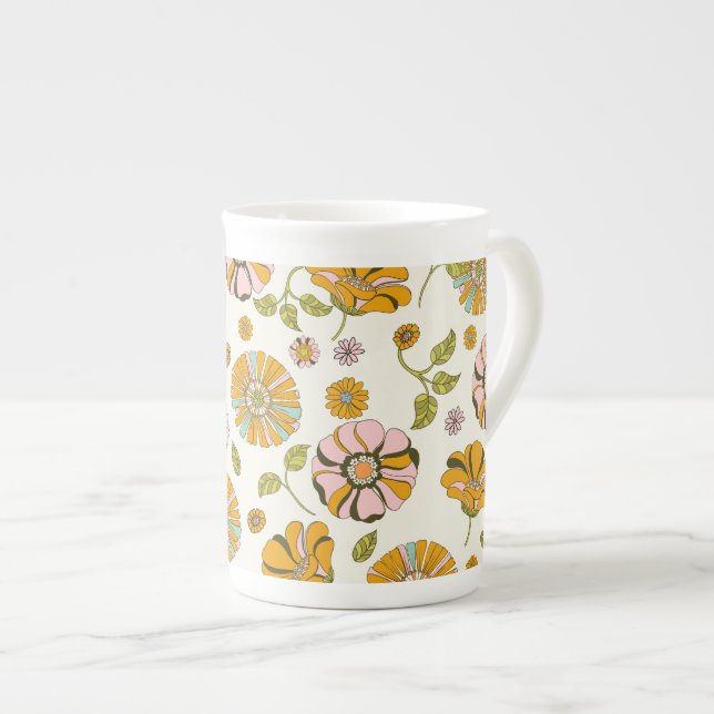 70's Retro Floral Pattern Bone China Mug (Front Right)