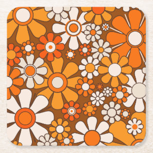 70s Retro Floral Pattern with Groovy 1970s Flowers Square Paper Coaster