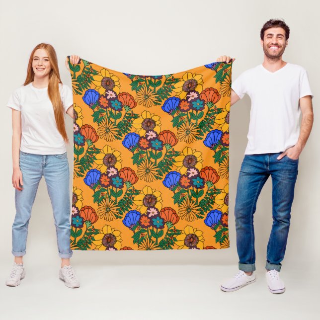 70s Retro Floral Yellow - Mid century modern botan Fleece Blanket (In Situ)
