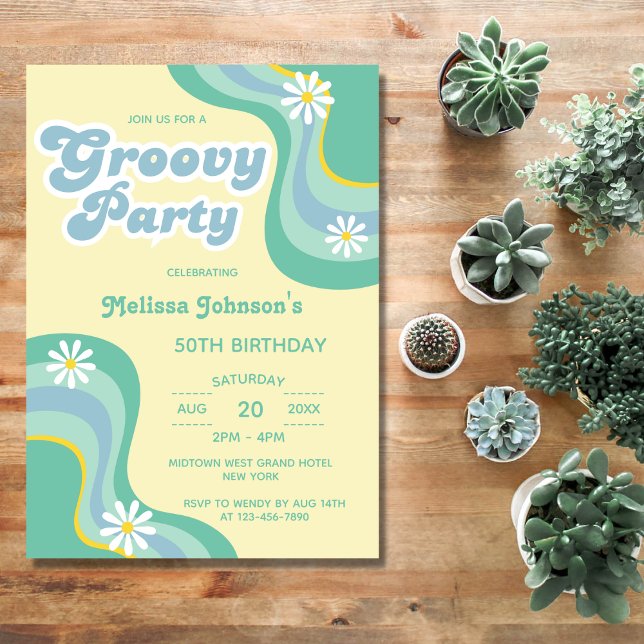 70s Retro Groovy Party Daisies Yellow Birthday Invitation (Creator Uploaded)