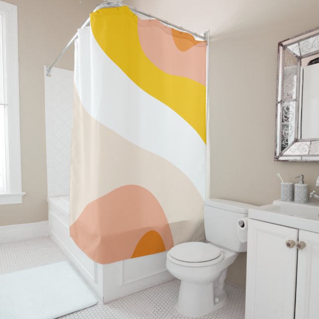 70s Retro Groovy Pattern Peach, Yellow, Orange Shower Curtain (In Situ)