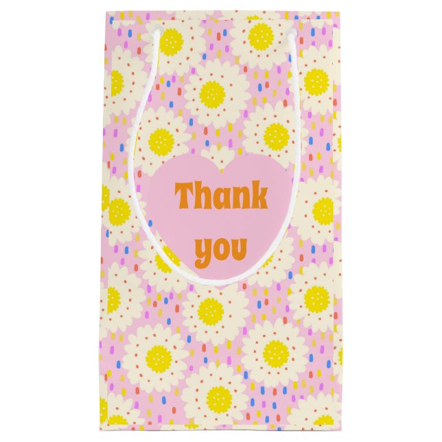 70s Retro Groovy Pink Daisy Floral Pattern Small Gift Bag (Front)