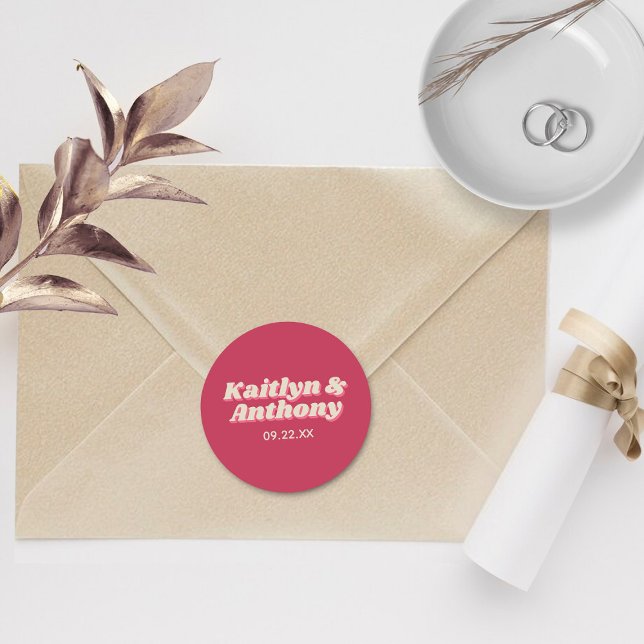 70's Retro Groovy Viva Magenta Wedding Classic Round Sticker (Creator Uploaded)