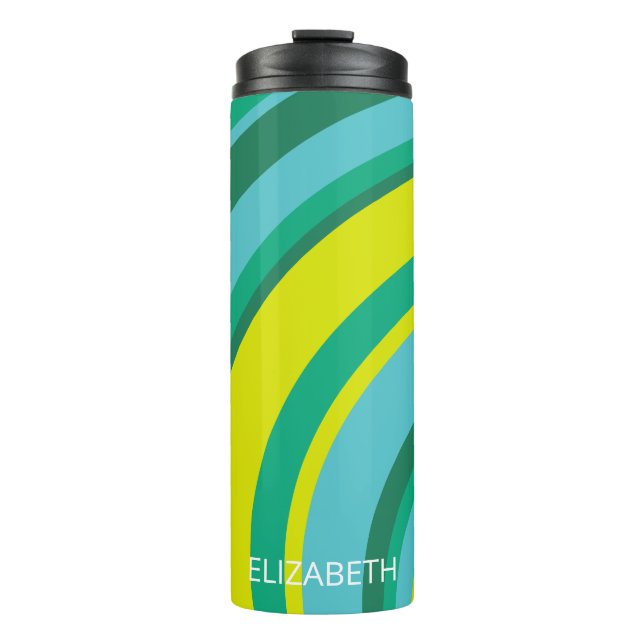 70s Retro Groovy Wave Rainbow Teal Green Yellow Thermal Tumbler (Front)
