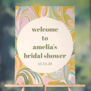 70s Retro Marble Swirl Pink Mustard Bridal Shower Acrylic Sign