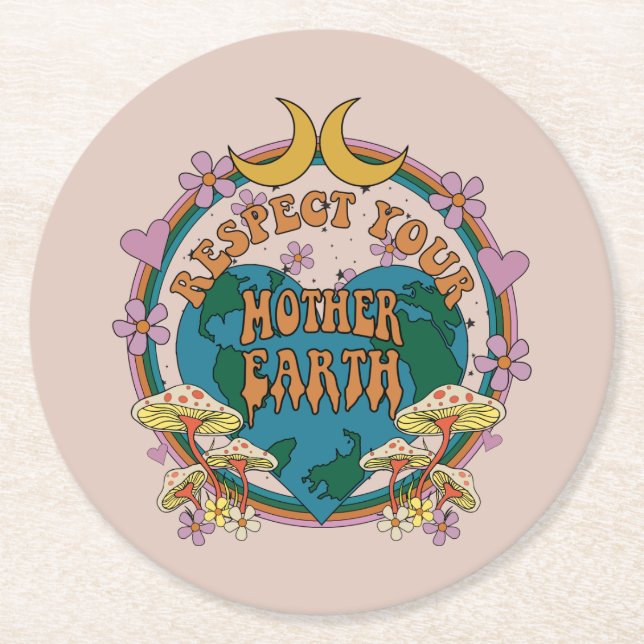 70's Retro Mother Earth Graphic Round Paper Coaster (Front)