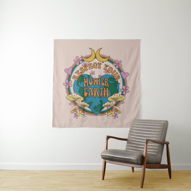 70's Retro Mother Earth Graphic Tapestry (In Situ)