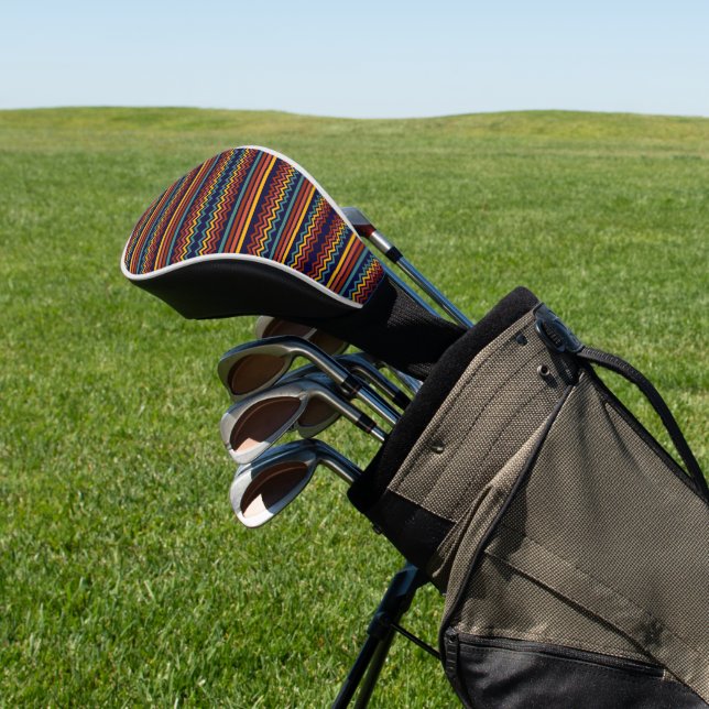 70s Retro Navy & Mustard Boho Chevron Stripes Golf Head Cover (In Situ)