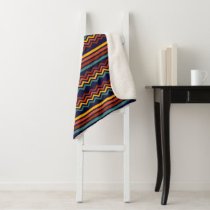 70s Retro Navy & Mustard Boho Chevron Stripes Sherpa Blanket