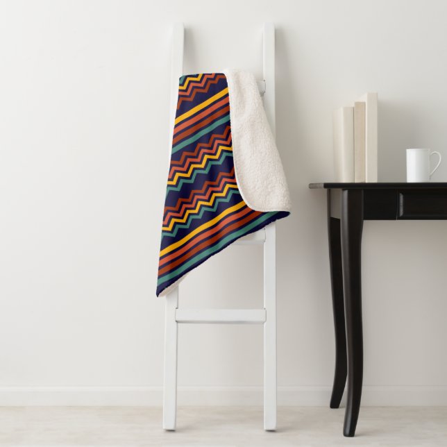 70s Retro Navy & Mustard Boho Chevron Stripes Sherpa Blanket (In Situ)