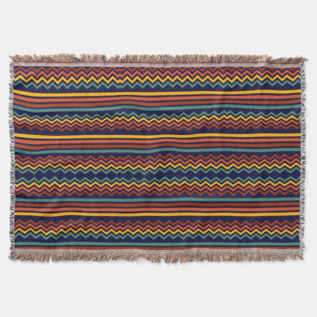70s Retro Navy & Mustard Boho Chevron Stripes Throw Blanket (Front)