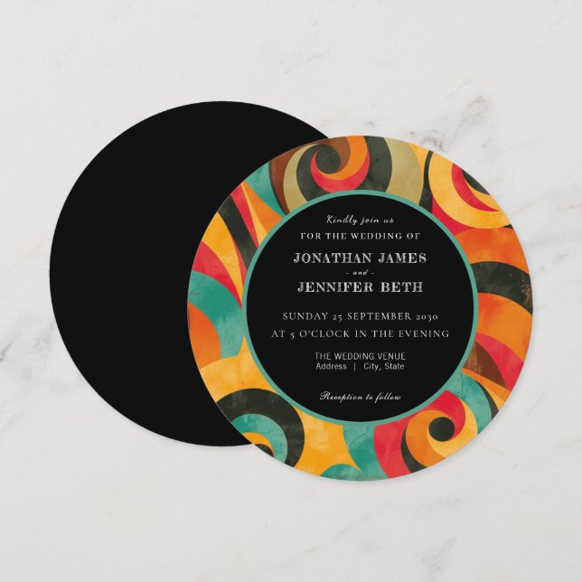 70s Retro Orange Red Teal Wedding Invitation (Front/Back)