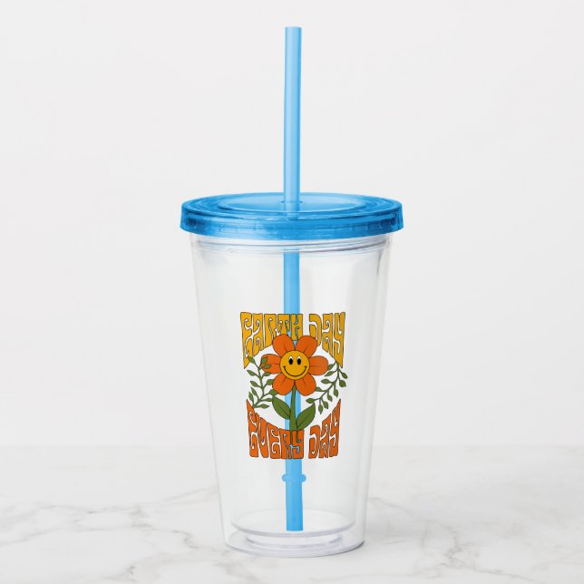 70's Retro Smiling Daisy Flower Acrylic Tumbler (Front)