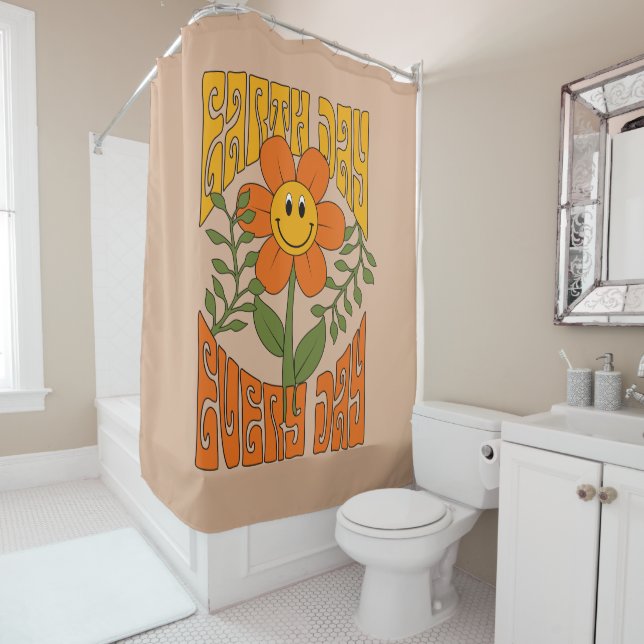 70's Retro Smiling Daisy Flower Shower Curtain (In Situ)