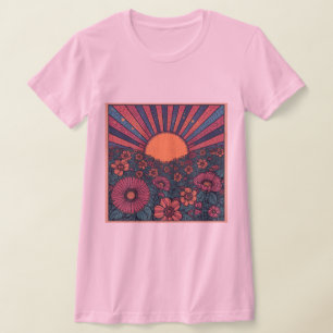 70s Retro Sunrise Flower Field Design T-shirt