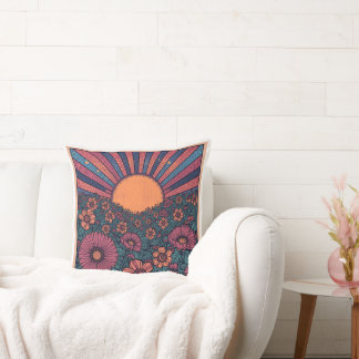 70s Retro Sunshine Flower Field Design Cushion