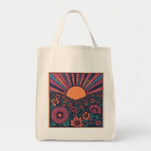 70s Retro Sunshine Flower Field Design Tote Bag