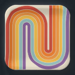 70s Retro Vintage Style Geometric Design Paper Plate<br><div class="desc">This artwork channels a retro graphic spirit, forming the letter‑like curve with parallel bands of red, orange, yellow, light blue, teal, and purple. The layered arcs flow in harmony, evoking the bold optimism of 1970s design. Set against a soft beige background, the vibrant rainbow palette stands out with clarity and...</div>
