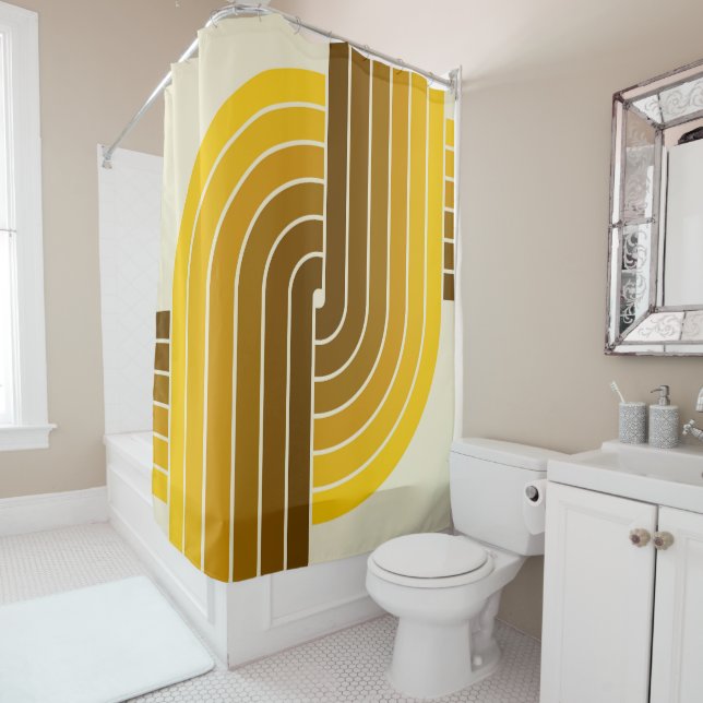 70s Retro Vintage Style Geometric Pattern Shower Curtain (In Situ)