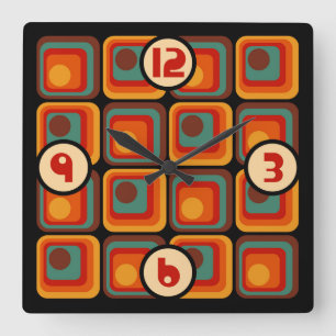 70s Retro Vintage Style Geometric Pattern Square Wall Clock