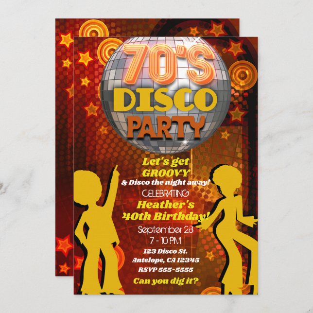 70's Seventies Orange Disco Dance Birthday Party Invitation (Front/Back)