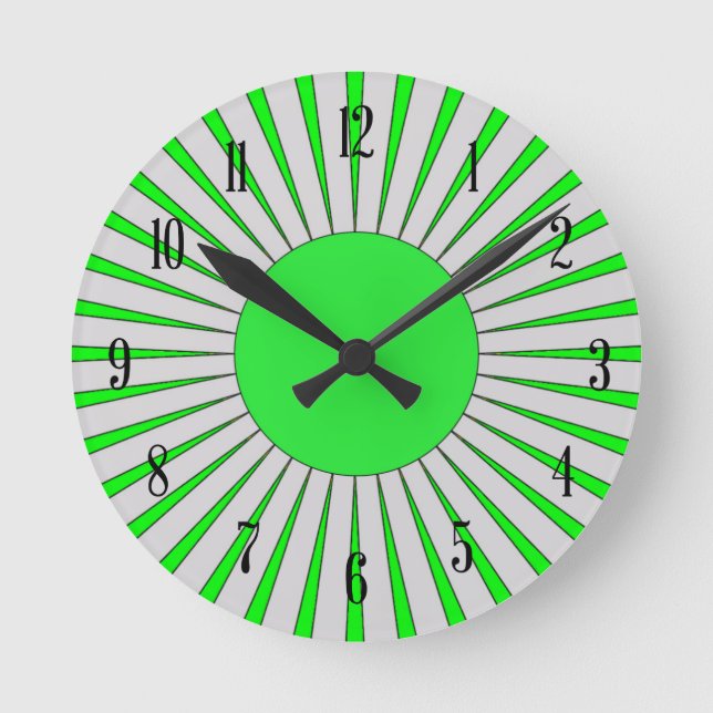 70s Style Bright Green Sunburst Round Clock (Front)