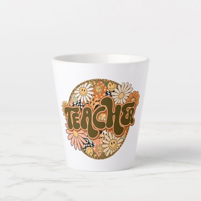 70s Style Floral "Teacher" Appreciation Latte Mug (Front)
