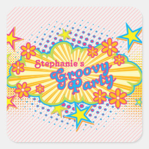 70s Theme Groovy Flower Power Personalised Party Square Sticker