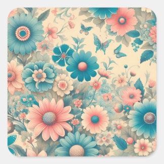 70s Vintage Meadow Blue & Pink Florals Square Sticker