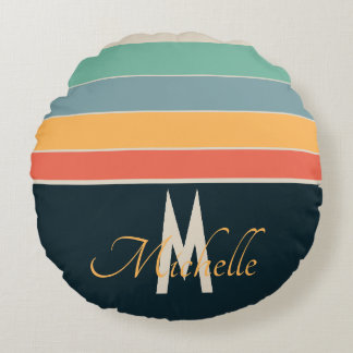 70s Vintage Stripe pattern custom initial Round Cushion