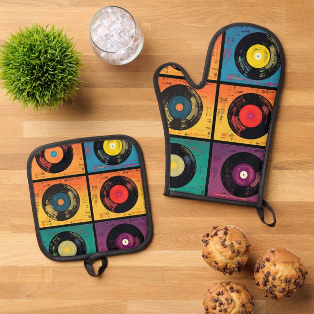 70s Vinyl Record Album Custom Kitchen Oven Mitt & Pot Holder Set (Top Down)
