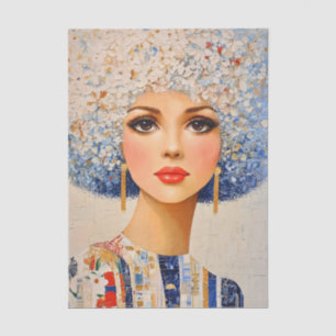 70s Woman, Blue & White Floral Afro EC8R Decoupage Tissue Paper