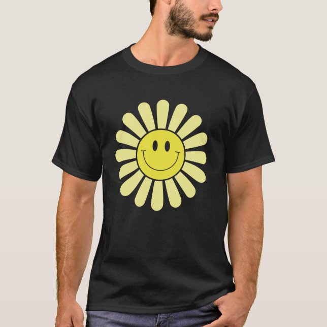 70s Yellow Smile Face Flower  Happy Peace Smiling  T-Shirt (Front)