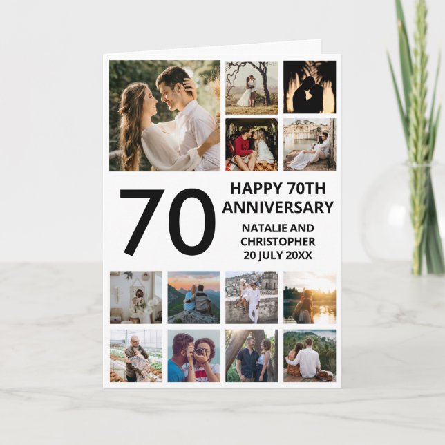 70th Anniversary 13 Photo Collage Black and White Card (Front)