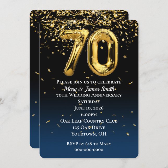 70th Anniversary Gold Balloons Confetti Invitation (Front/Back)