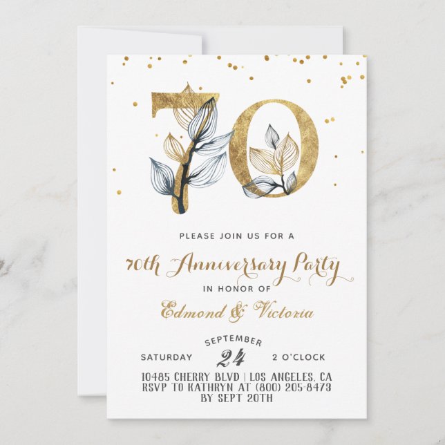 70th Anniversary Gold Floral Invitation (Front)