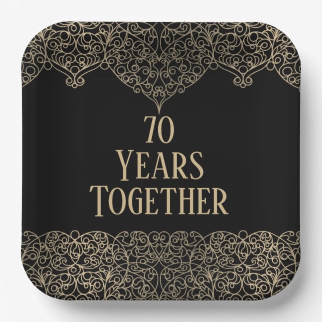 70th Anniversary Gold Lace On Black  Paper Plate (Front)
