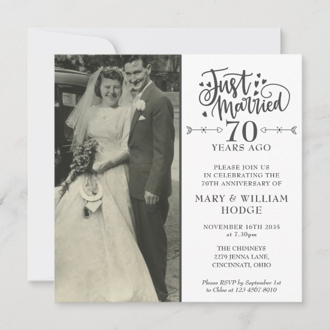 70th Anniversary Just Married Wedding Photo Square Invitation (Front)