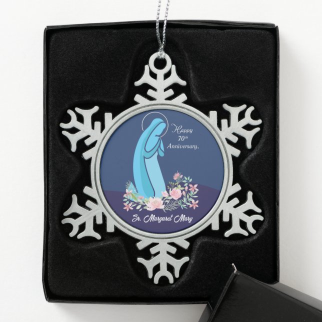 70th Anniversary of Religious Life Nun Pink Flower Snowflake Pewter Christmas Ornament (Box)