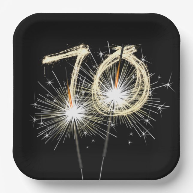 70th Anniversary Party Sparklers on Black  Paper Plate (Front)