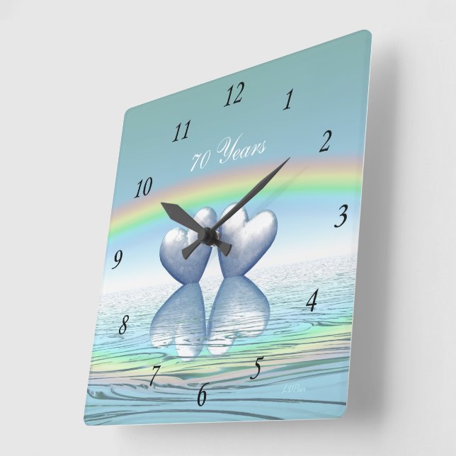 70th Anniversary Platinum Hearts Square Wall Clock (Angle)