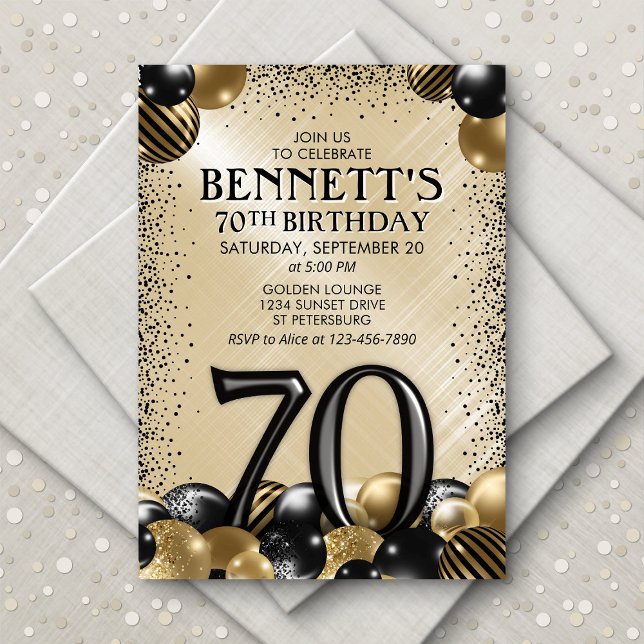 70th Balloons Black Gold Birthday Invitation (Creator Uploaded)