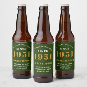 70th Birthday 1951 Green Gold Retro Personalised Beer Bottle Label