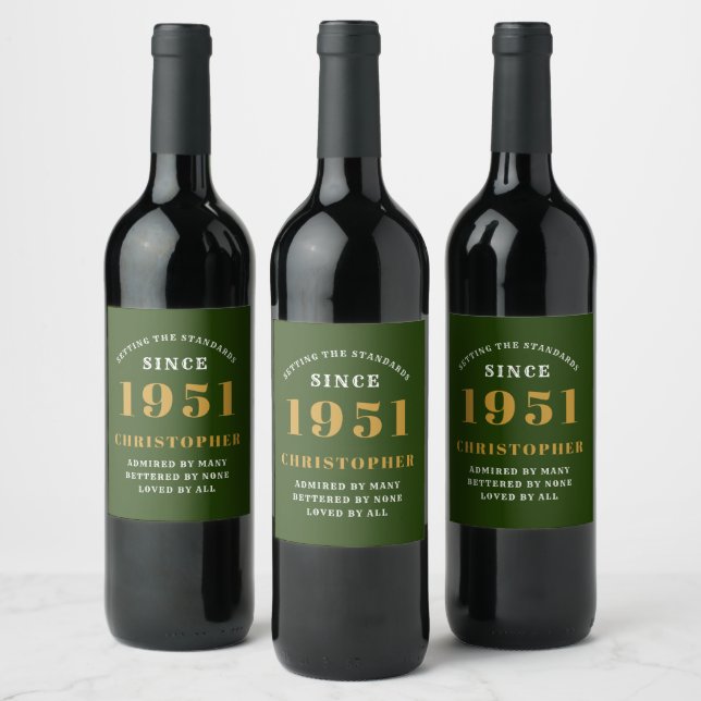 70th Birthday 1951 Green Gold Retro Personalised Wine Label (Bottles)